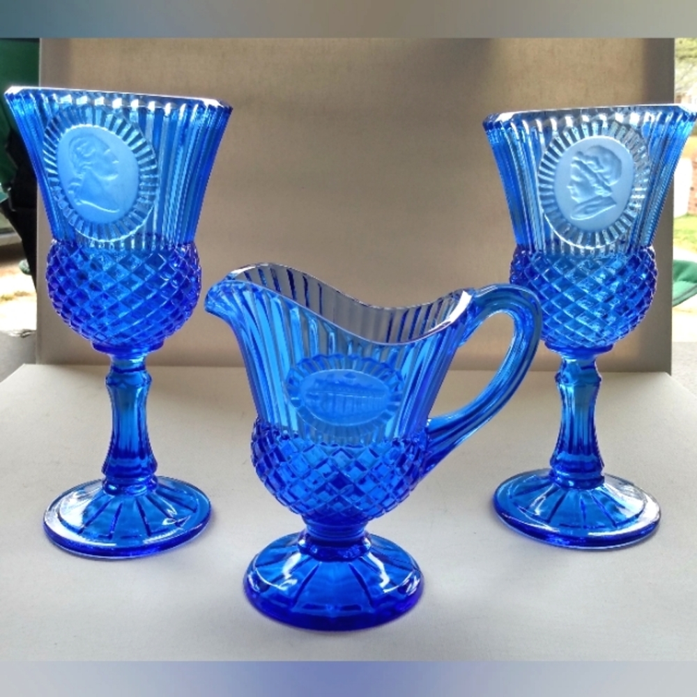 1976 Avon Fostoria Bicentennial cobalt blue goblets/candleholders and pitcher